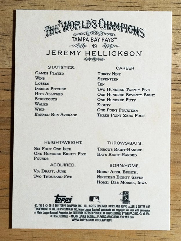 2012 Topps Allen and Ginter #49 Jeremy Hellickson