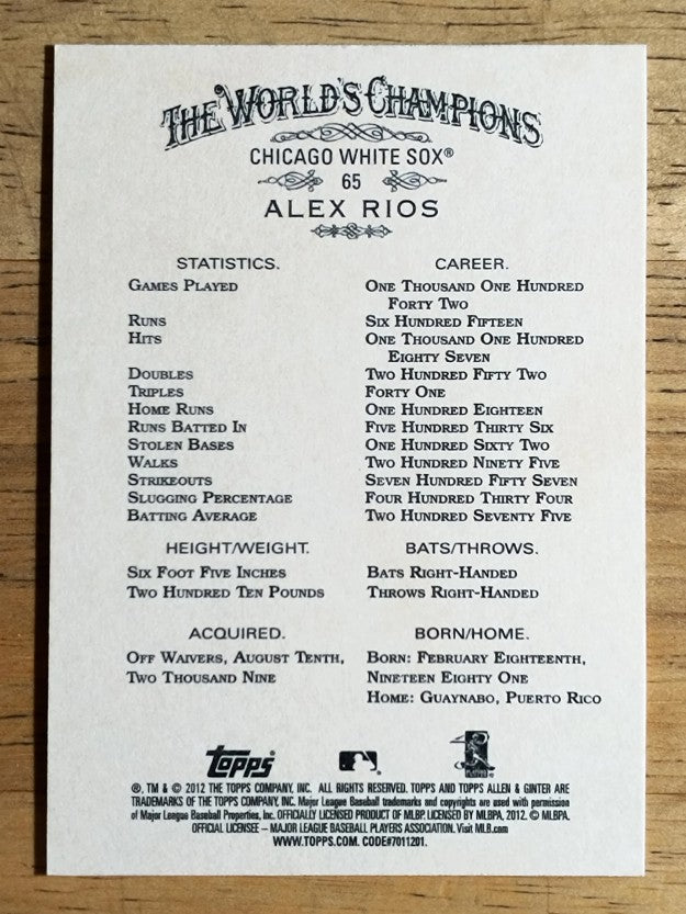 2012 Topps Allen and Ginter #65 Alex Rios