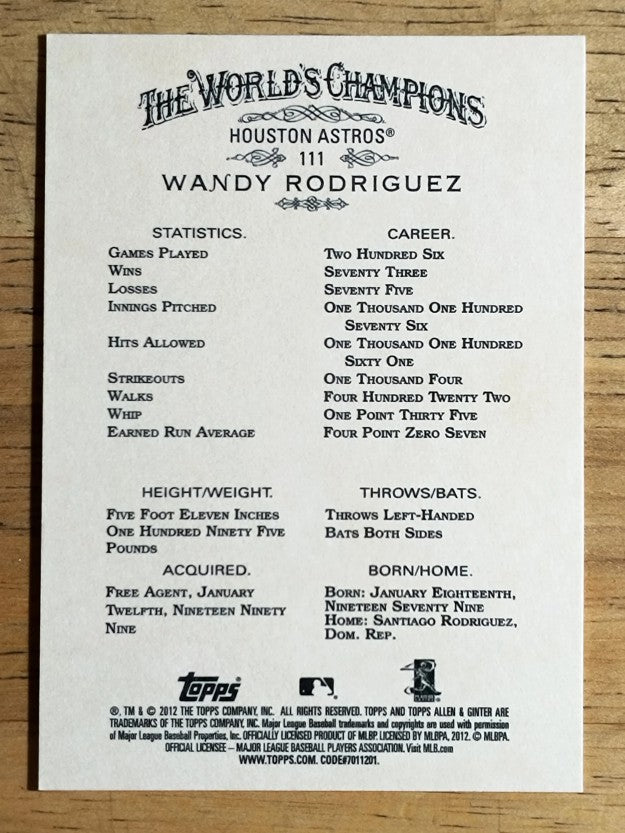 2012 Topps Allen and Ginter #111 Wandy Rodriguez