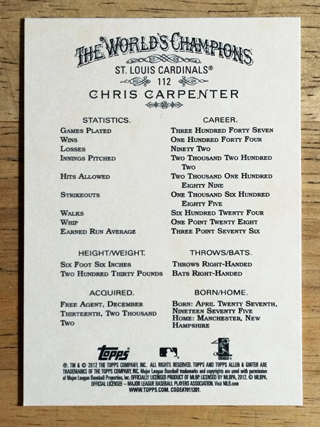 2012 Topps Allen and Ginter #112 Chris Carpenter