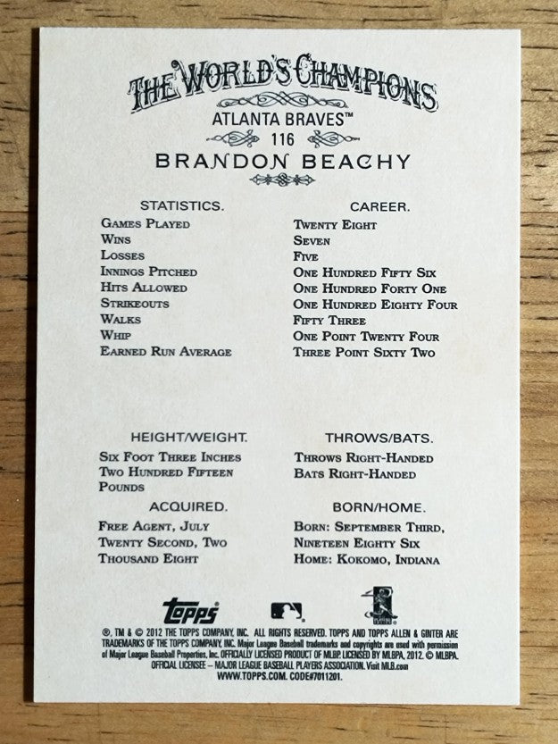 2012 Topps Allen and Ginter #116 Brandon Beachy