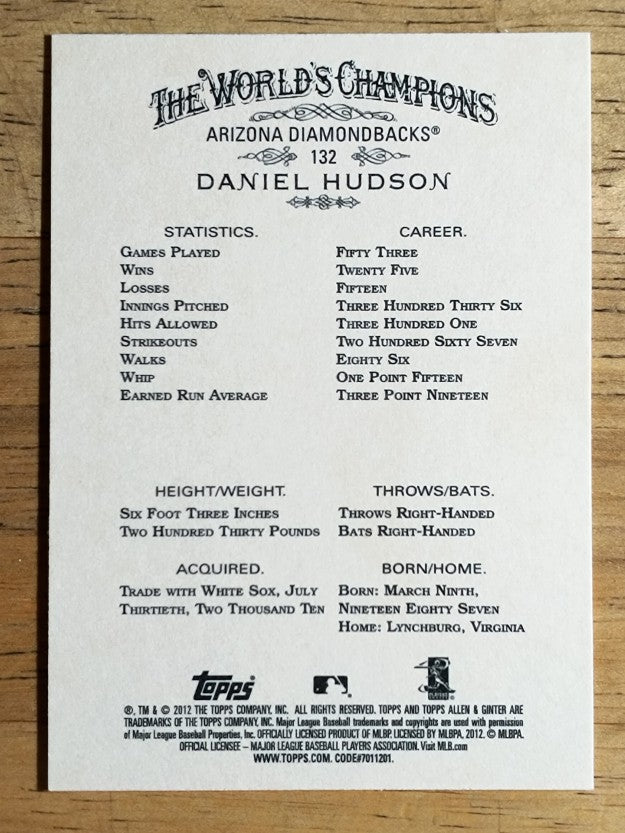 2012 Topps Allen and Ginter #132 Daniel Hudson