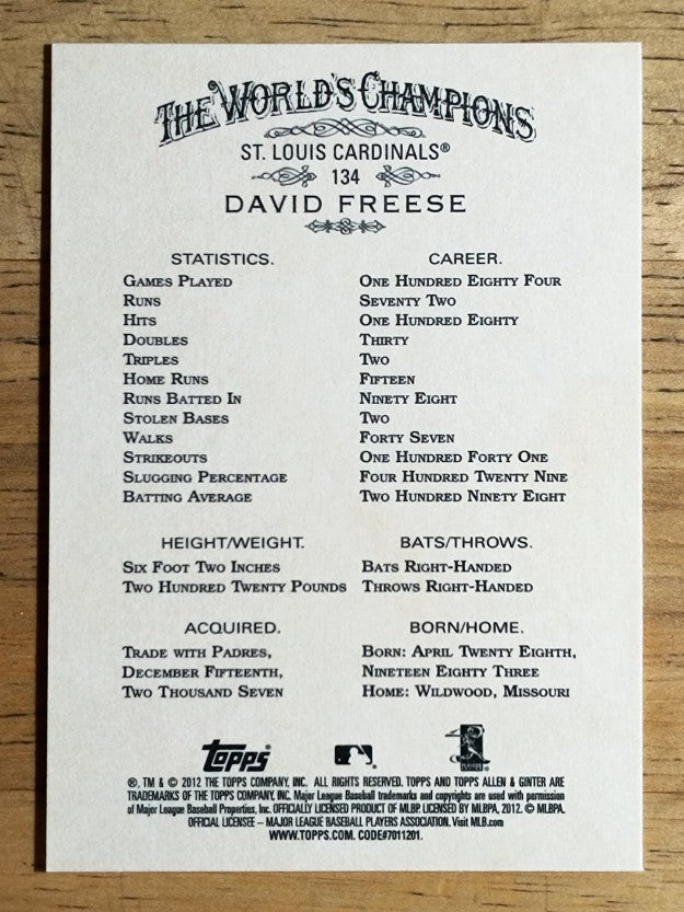 2012 Topps Allen and Ginter #134 David Freese