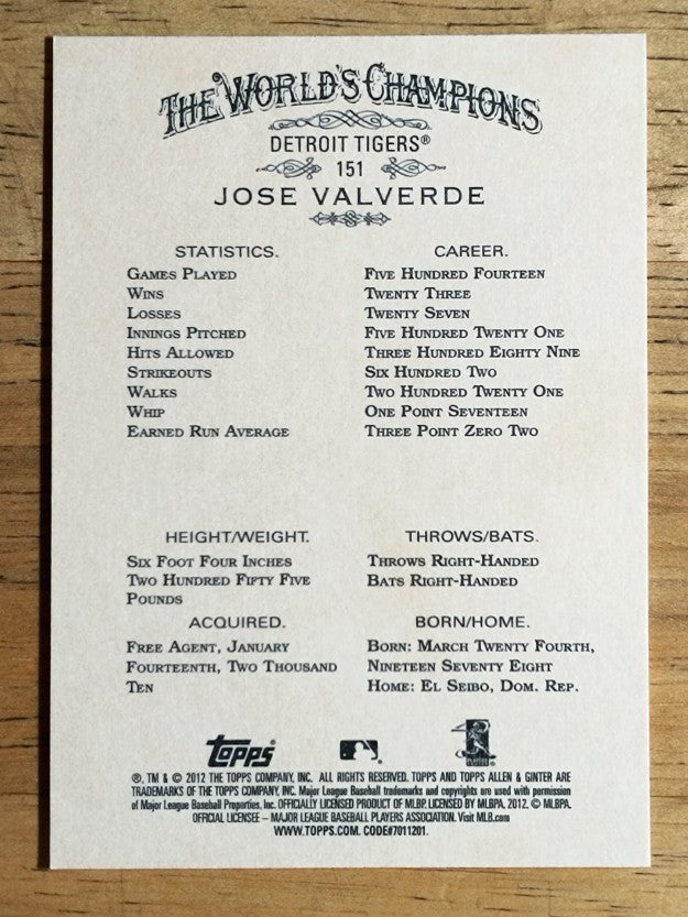 2012 Topps Allen and Ginter #151 Jose Valverde