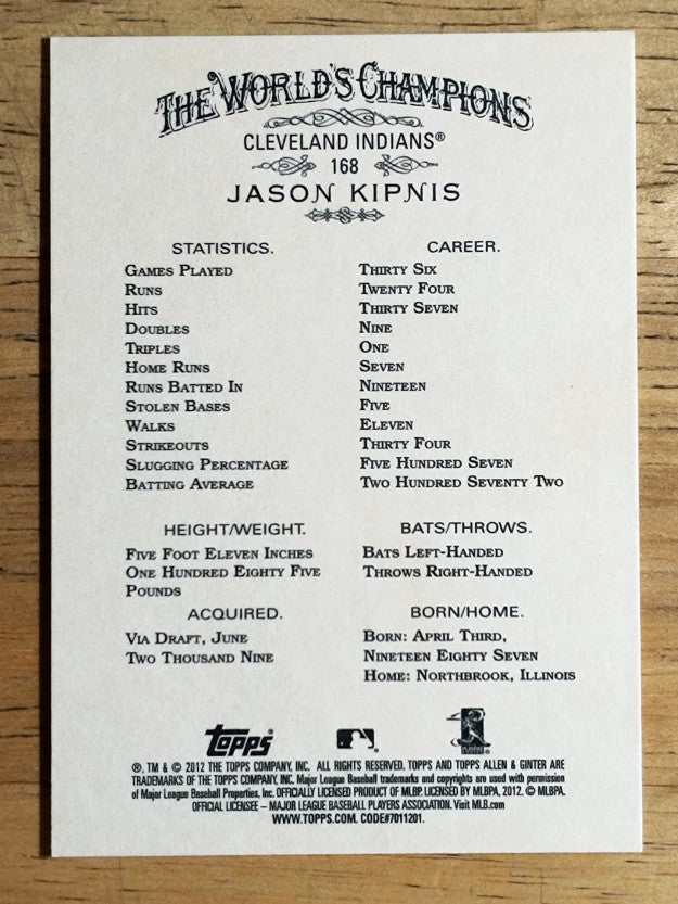 2012 Topps Allen and Ginter #168 Jason Kipnis