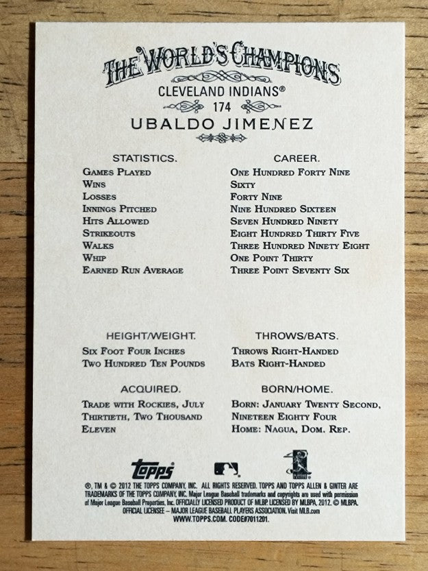 2012 Topps Allen and Ginter #174 Ubaldo Jimenez