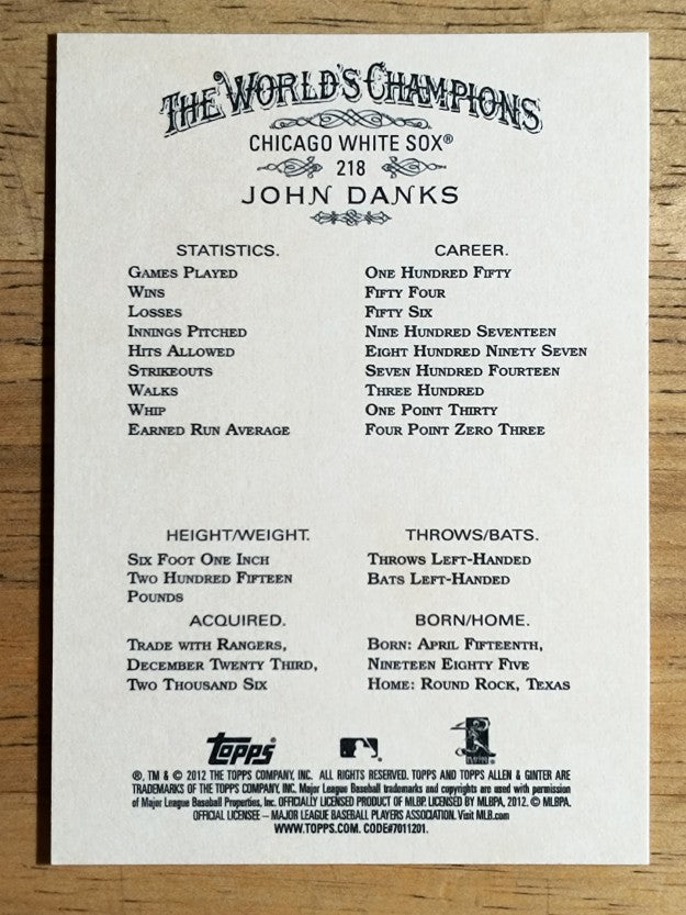 2012 Topps Allen and Ginter #218 John Danks