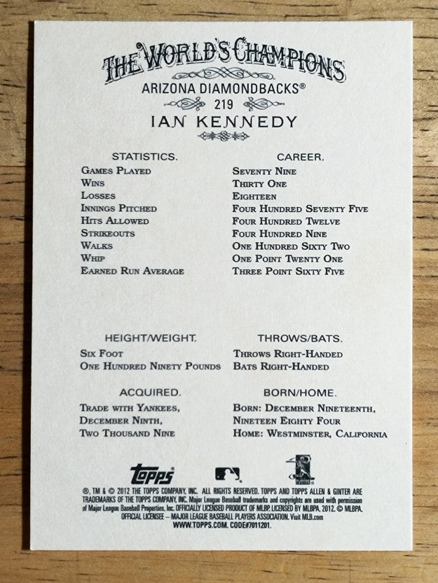 2012 Topps Allen and Ginter #219 Ian Kennedy
