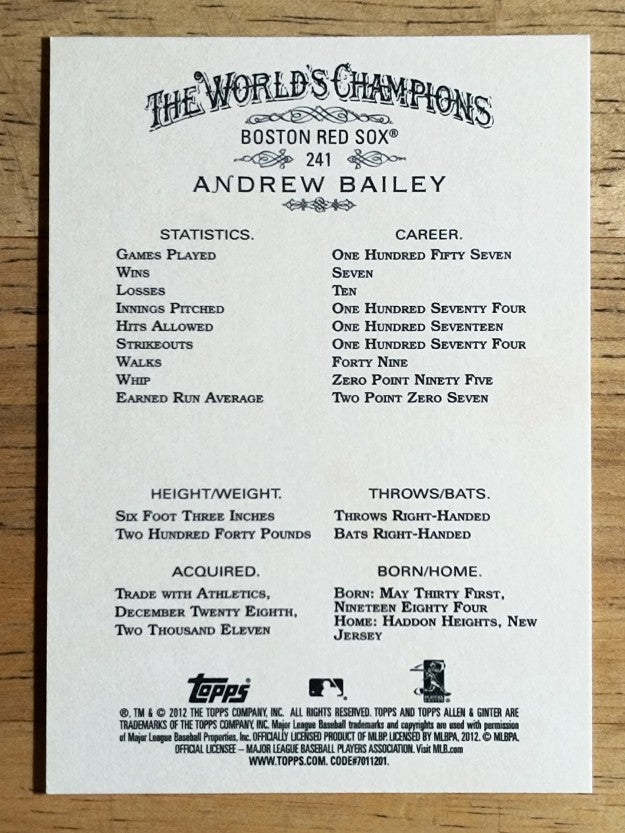 2012 Topps Allen and Ginter #241 Andrew Bailey