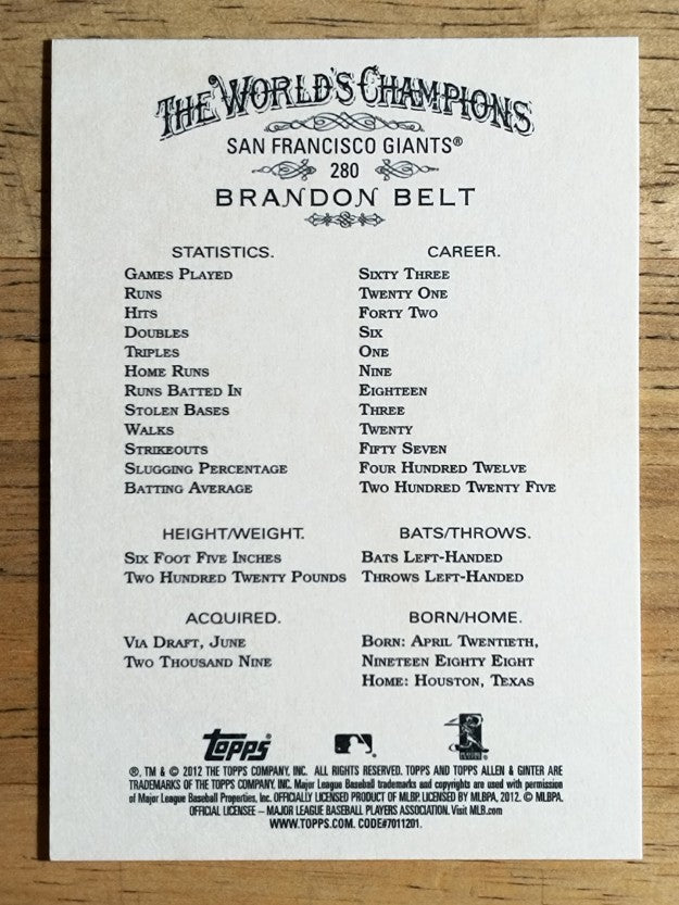 2012 Topps Allen and Ginter #280 Brandon Belt
