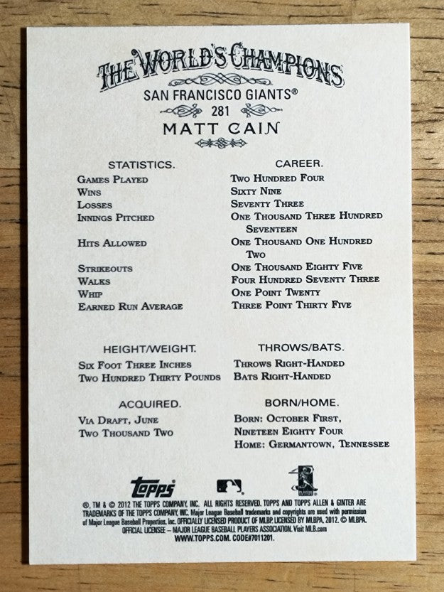 2012 Topps Allen and Ginter #281 Matt Cain