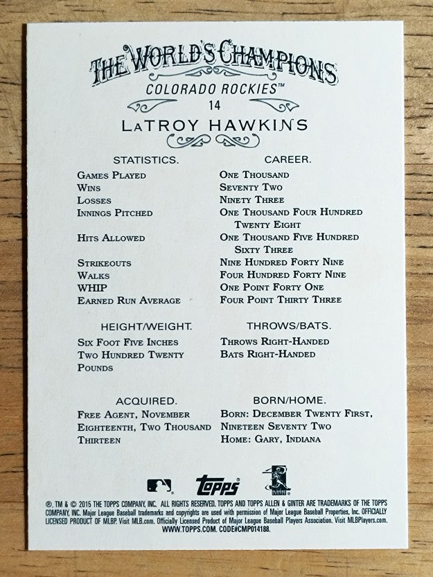2015 Topps Allen and Ginter #14 LaTroy Hawkins