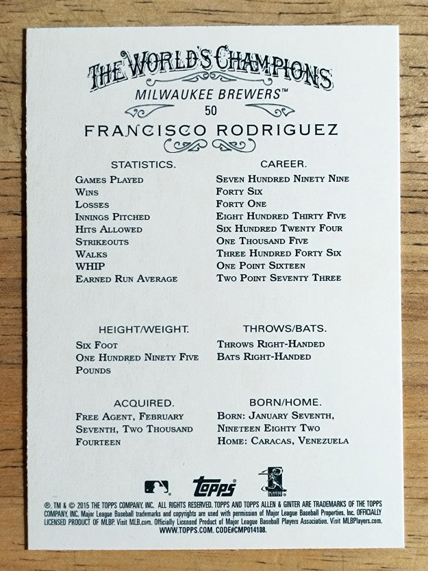 2015 Topps Allen and Ginter #50 Francisco Rodriguez