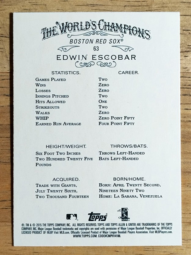 2015 Topps Allen and Ginter #63 Edwin Escobar RC