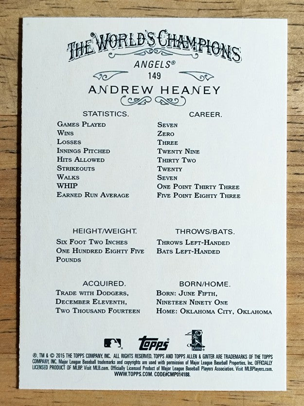 2015 Topps Allen and Ginter #149 Andrew Heaney