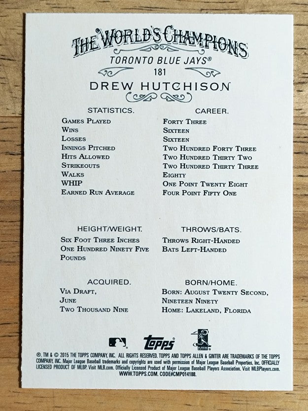 2015 Topps Allen and Ginter #181 Drew Hutchison