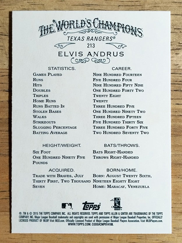 2015 Topps Allen and Ginter #213 Elvis Andrus