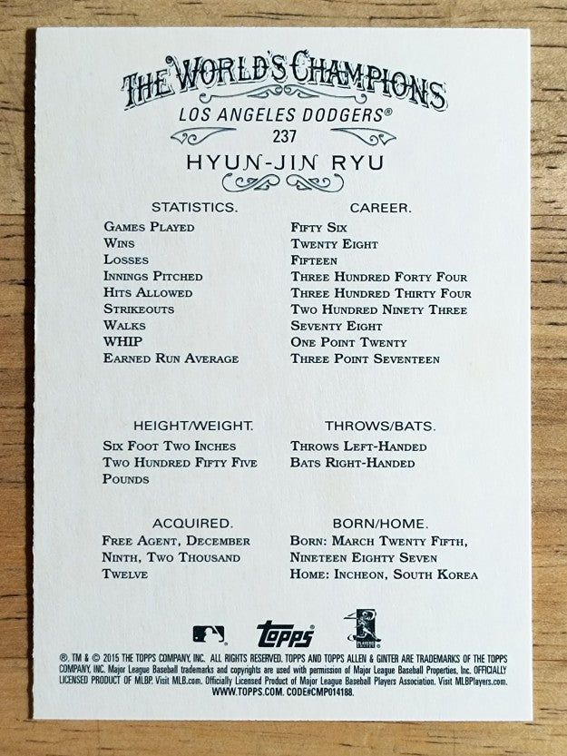 2015 Topps Allen and Ginter #237 Hyun-Jin Ryu