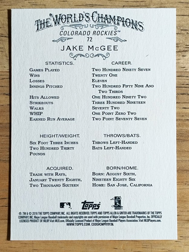 2016 Topps Allen and Ginter #72 Jake McGee