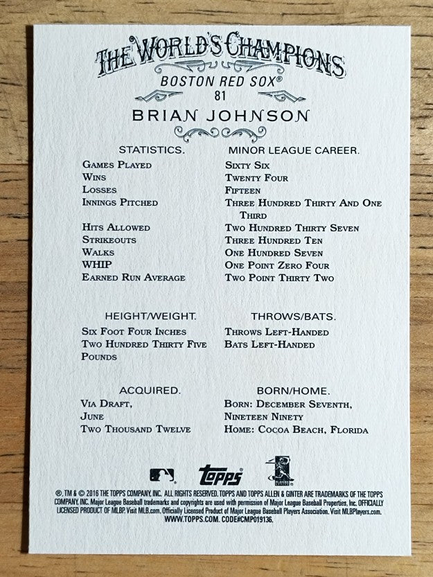 2016 Topps Allen and Ginter #81 Brian Johnson RC