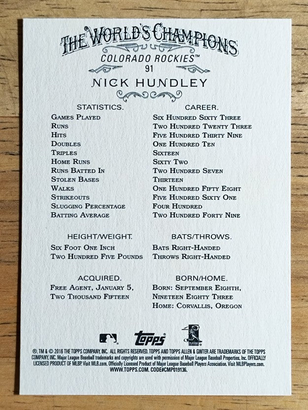 2016 Topps Allen and Ginter #91 Nick Hundley