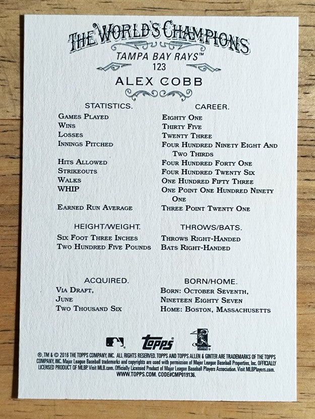 2016 Topps Allen and Ginter #123 Alex Cobb