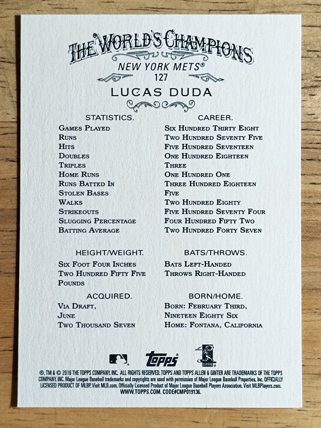 2016 Topps Allen and Ginter #127 Lucas Duda