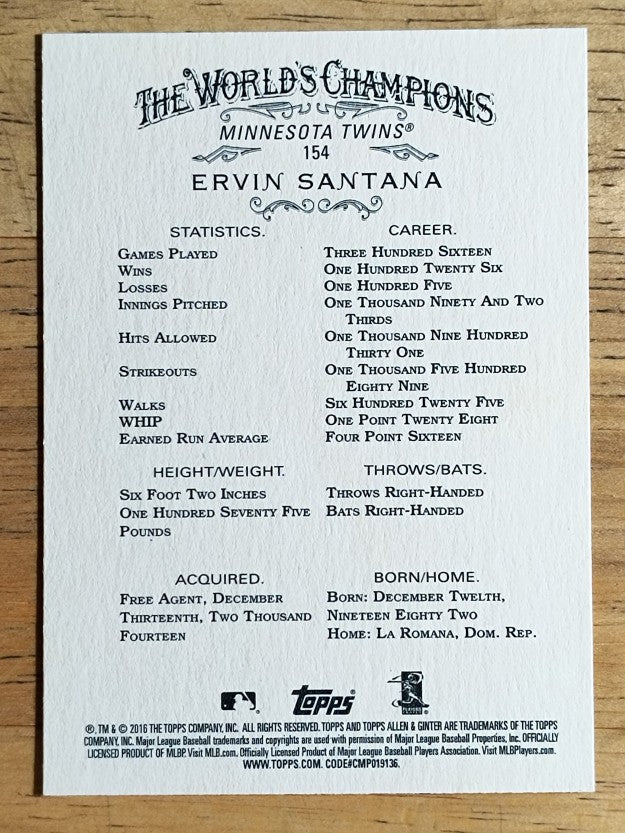 2016 Topps Allen and Ginter #154 Ervin Santana