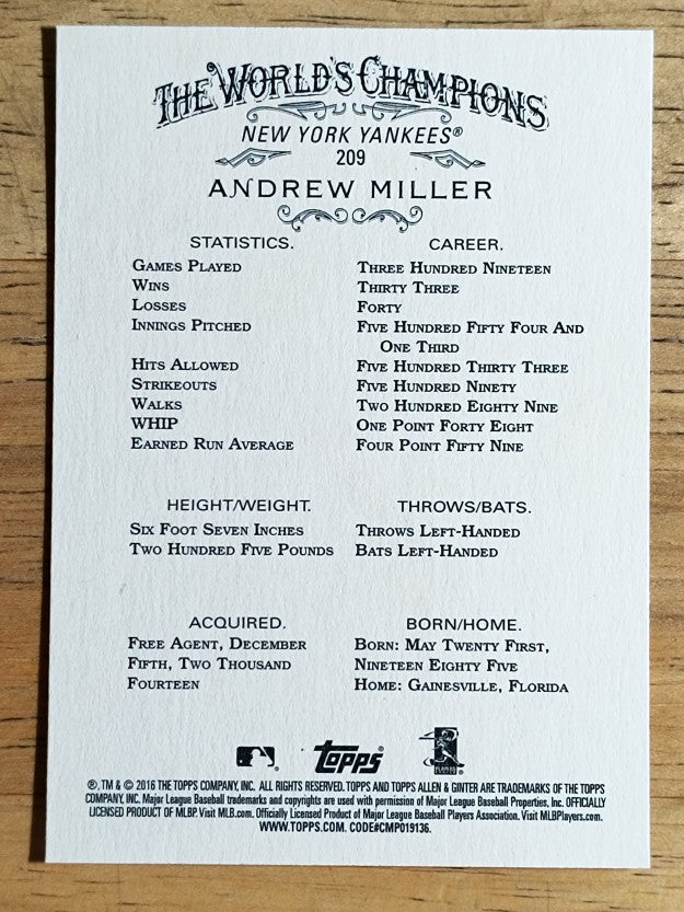 2016 Topps Allen and Ginter #209 Andrew Miller