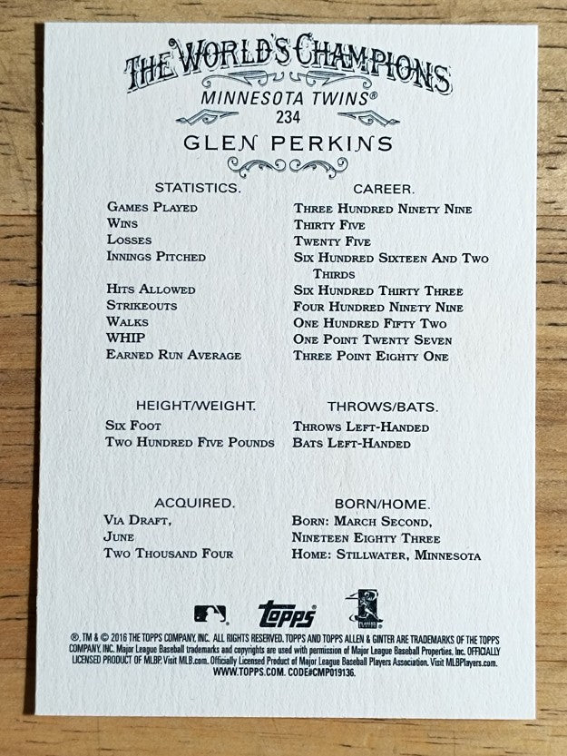 2016 Topps Allen and Ginter #234 Glen Perkins