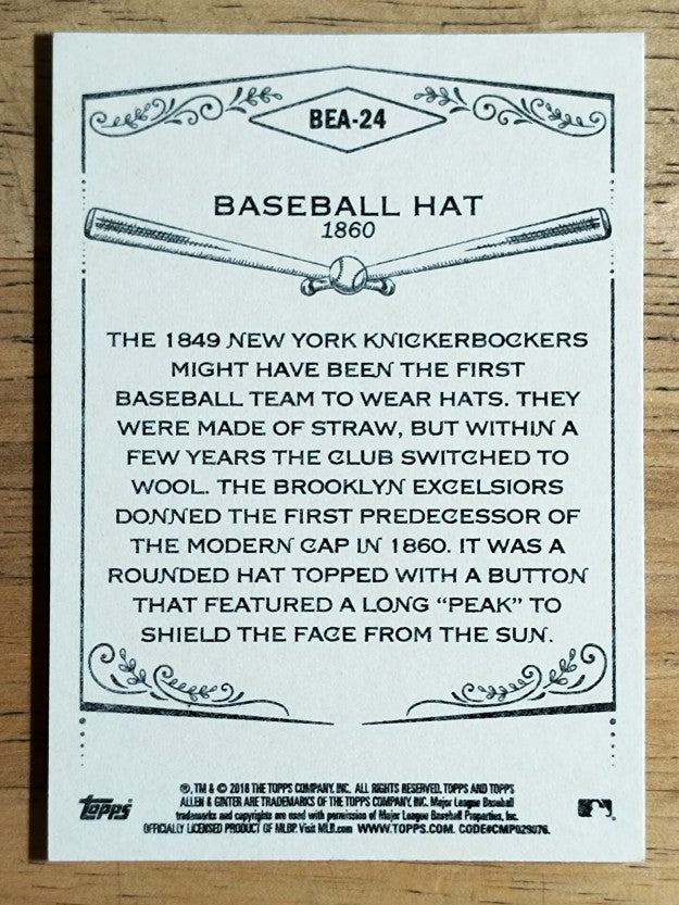 2018 Topps Allen and Ginter Baseball Equipment of the Ages #BEA24 Baseball Hat