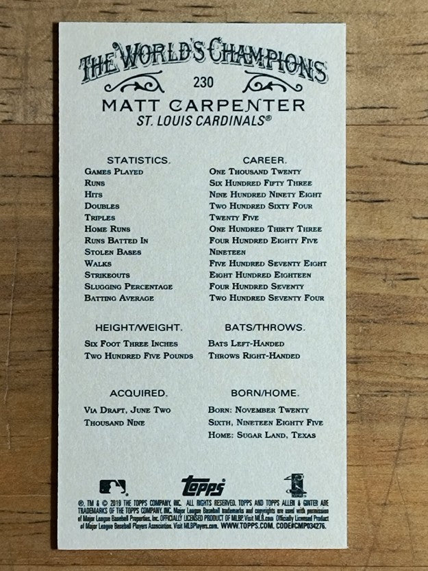 2019 Topps Allen and Ginter Mini Gold Border #230 Matt Carpenter