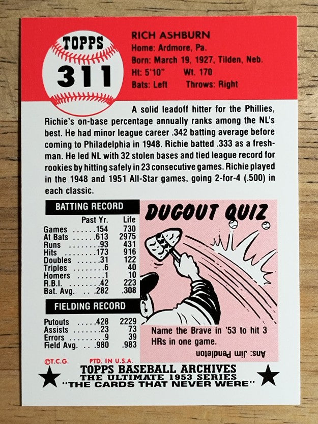 1991 Topps Archives '53 #311 Richie Ashburn