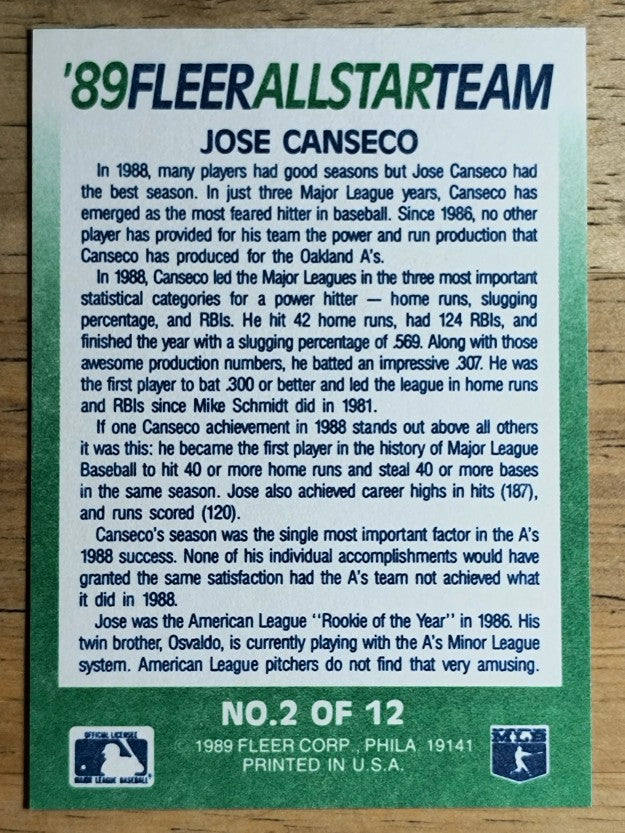 1989 Fleer All-Stars #2 Jose Canseco