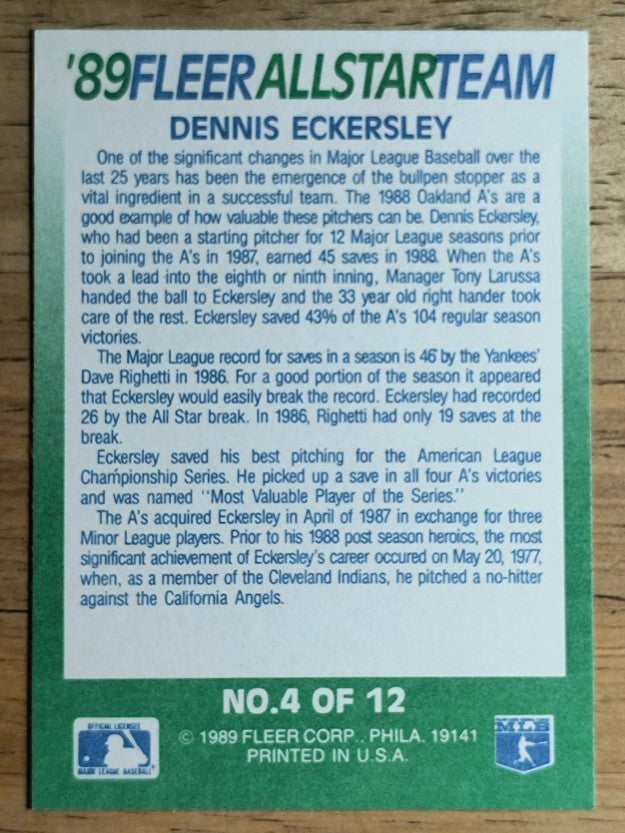 1989 Fleer All-Stars #4 Dennis Eckersley