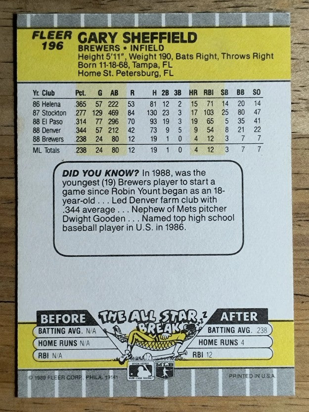 1989 Fleer #196 Gary Sheffield RC