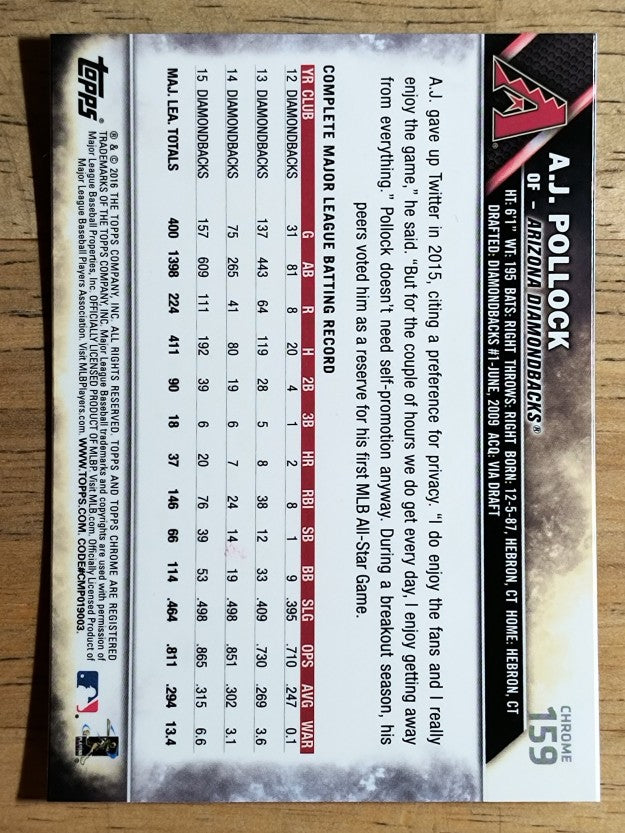 2016 Topps Chrome #159 A.J. Pollock