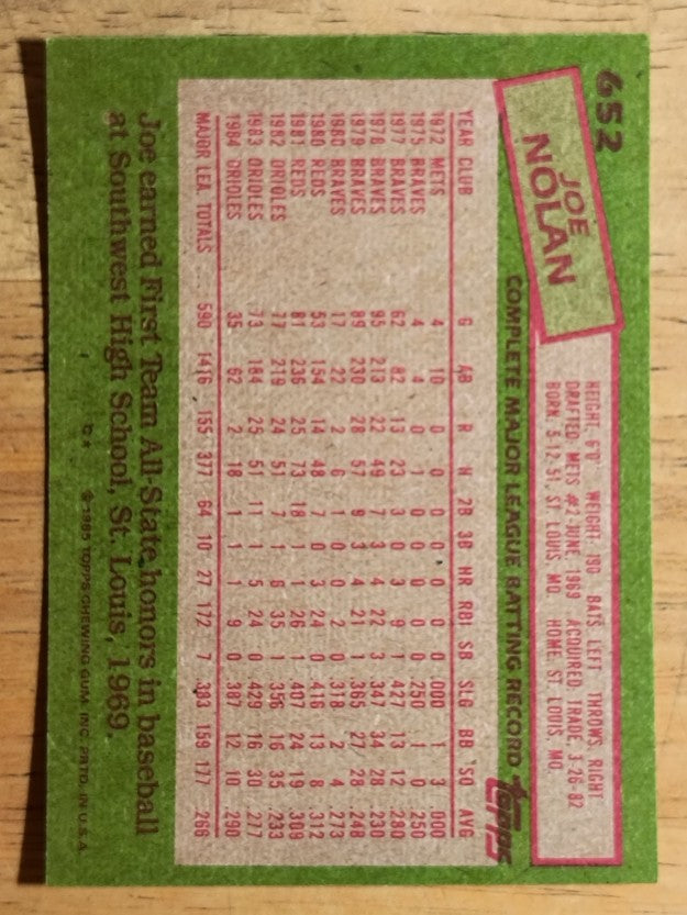 1985 Topps #652 Joe Nolan