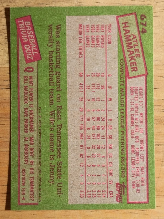 1985 Topps #674 Atlee Hammaker