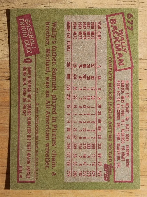 1985 Topps #677 Wally Backman