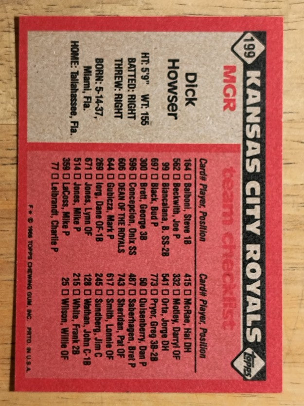 1986 Topps #199 Dick Howser MG