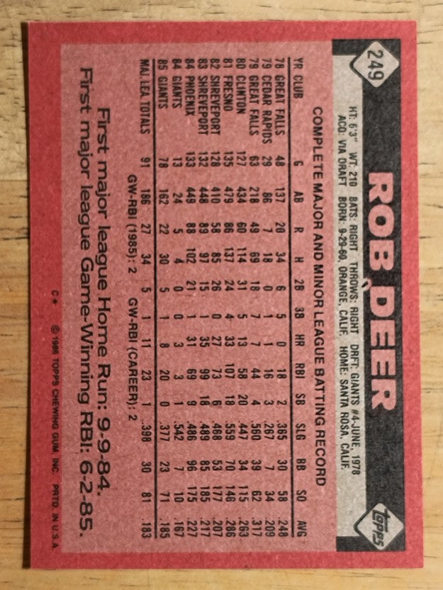 1986 Topps #249 Rob Deer