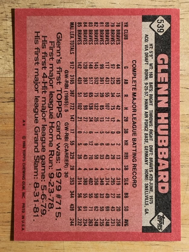1986 Topps #539 Glenn Hubbard
