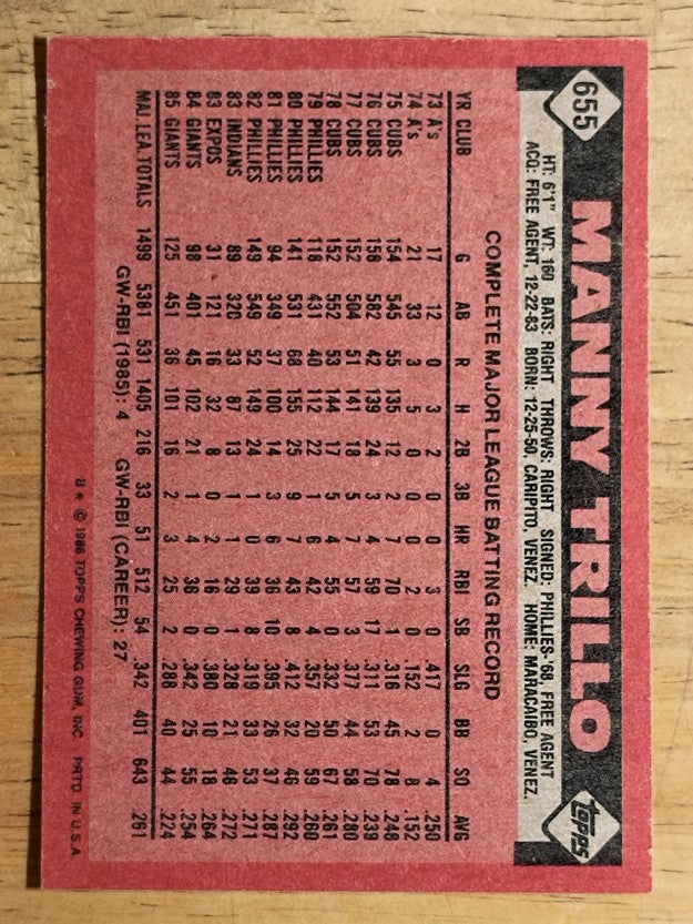 1986 Topps #655 Manny Trillo