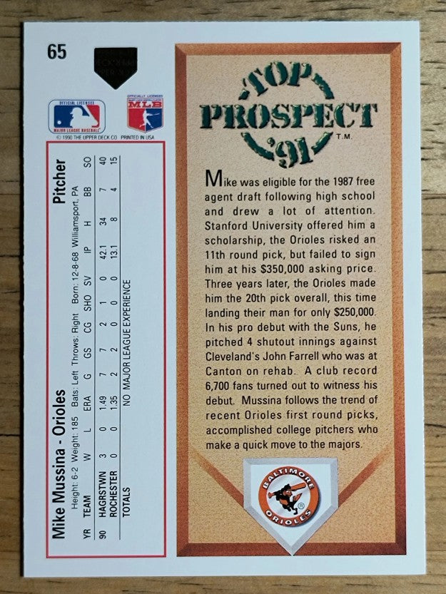 1991 Upper Deck #65 Mike Mussina RC