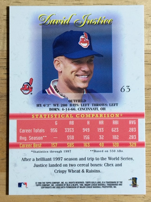1998 Topps Gold Label Class 1 #63 David Justice
