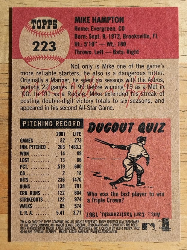 2002 Topps Heritage #223 Mike Hampton