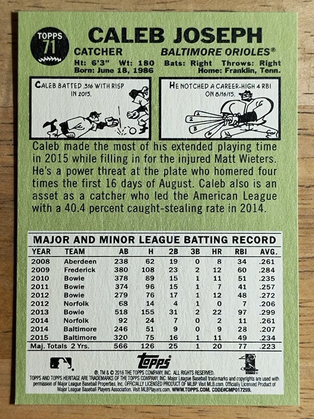 2016 Topps Heritage #71 Caleb Joseph