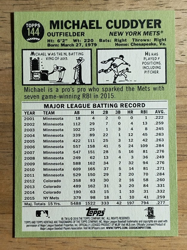 2016 Topps Heritage #144 Michael Cuddyer