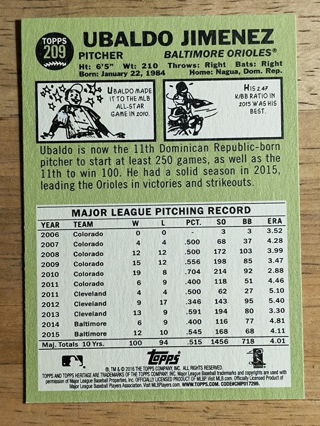 2016 Topps Heritage #209 Ubaldo Jimenez